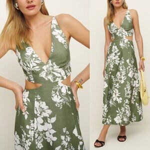 Reformation Samara Midi Dress Willow Green Floral Linen Cut Out Open Back Size 2